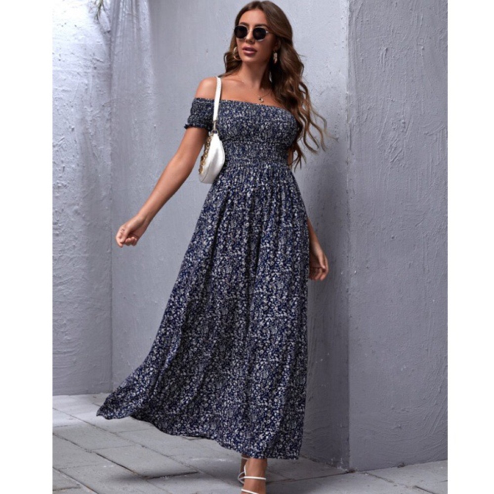 Off Shoulder Boho Split Thigh Floral Dress